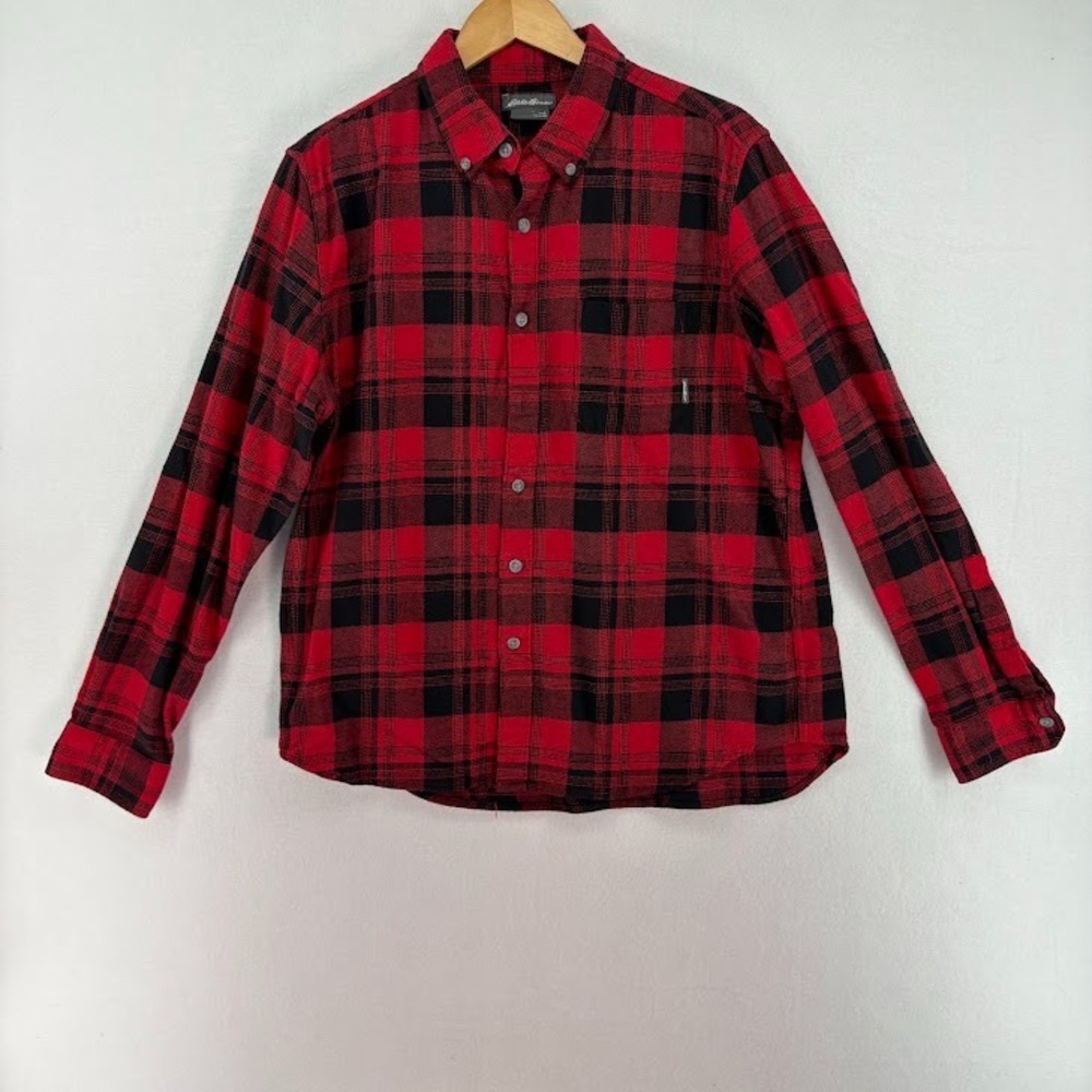 Eddie Bauer Men's Size Large Red Black Plaid Flannel Shirt Long Sleeve